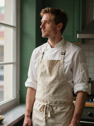 Warm editorial portrait of a modern chef in a clean canvas apron standing by a kitchen window, soft Scandinavian side-lighting, rich green and crimson tones, 35mm.