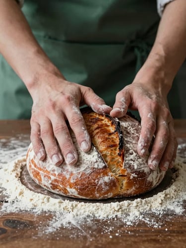 Close-up of baker hands covered in flour shaping sourdough loaf on a dark wooden table, soft side light, warm moody tones