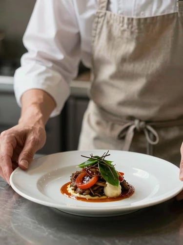 A chef in a clean linen apron working at the kitchen pass, plating a rustic dish under moody side-lighting, soft Scandinavian daylight, 35mm