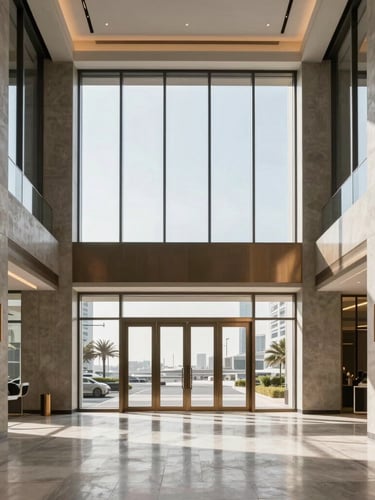 Straight-on architectural perspective of a modern luxury office lobby in Dubai, natural daylight streaming through floor-to-ceiling windows, crisp concrete and warm bronze details.