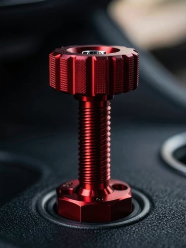 Tight macro shot of the anodized red tension screw mechanism on an Apex Mounts cup holder, showing its knurled texture and precise machining, moody directional cabin light, deep shadows, matte textures, sharp focus, 50mm lens. The background is blurred, showing a dark floor mat.