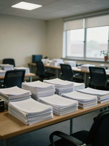 Wide shot of a calm, organized support office room, documents stacked neatly on a table, empty chairs across from each other, soft overhead and window light, no people present, institutional and ordered