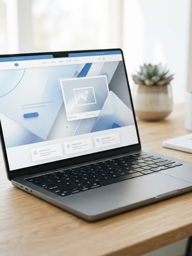 Modern laptop mockup displaying a clean, professional website interface with a sleek UI, bright studio light, shallow depth of field, subtle blue accents.