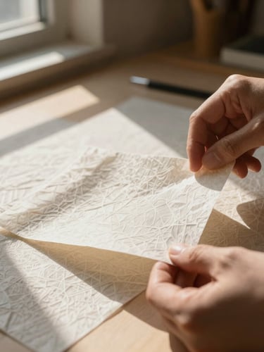 Macro shot of hands folding a textured, patterned washi paper sheet, warm natural sunlight streaming from a side window casting soft geometric shadows, artistic workshop atmosphere.