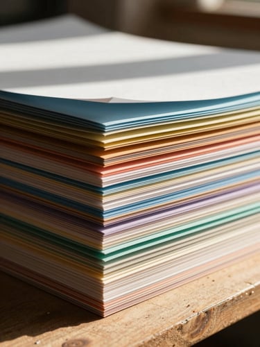 Portrait detail shot of folded colored paper sheets stacked neatly in a sunlit workshop, textured edges visible, warm natural light.