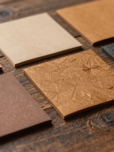 An array of textured origami paper samples in shades of ochre, clay, and charcoal, neatly arranged on a rustic wooden surface, warm side lighting.