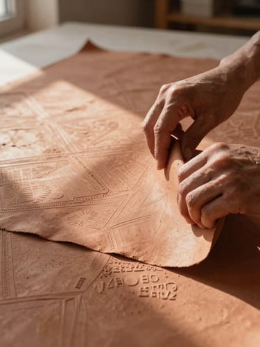 Close-up of artisan hands folding a large sheet of textured terracotta paper with subtle geometric patterns, soft side lighting from a window casting delicate shadows, Saint-Paul-de-Vence studio setting.
