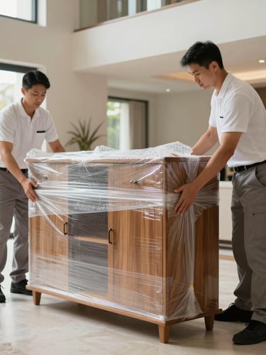 Medium shot of professional movers in clean matching uniforms carefully wrapping a premium wooden cabinet with multi-layer bubble wrap and stretch film inside a spacious villa, bright indoor lighting.
