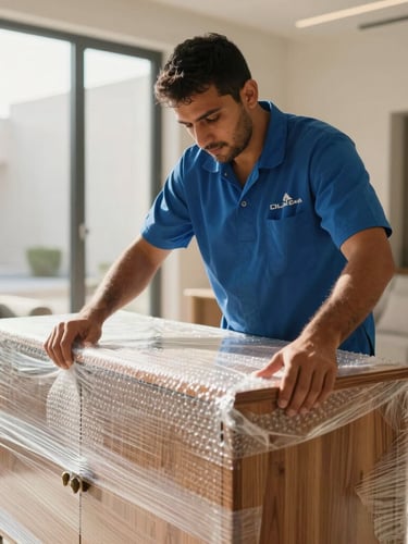 A professional Al-Taqwa worker in a clean blue uniform carefully wrapping a premium wooden cabinet with multi-layer bubble wrap inside a bright modern villa in Dammam, close-up shot, morning light.