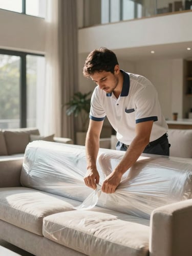 A professional worker in a clean uniform carefully wrapping a high-end sofa with stretch wrap inside a spacious, modern villa living room, warm morning light, medium shot.