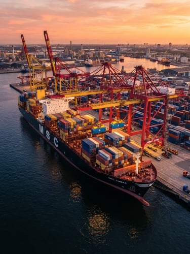 Wide-angle drone shot of a massive container ship docked at a deep-water port during golden hour, towering cranes loading blue containers, deep navy water, high-contrast industrial daylight.