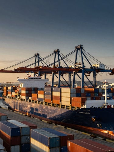 Wide shot of a modern, high-tech port at golden hour, container ships being loaded, showing scale and efficiency, dramatic lighting.