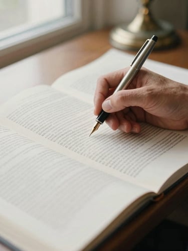 Close-up of a hand in a tailored suit sleeve, holding a fountain pen over a thick, open research report on heavy cream paper, soft library lamp light, shallow depth of field, muted ink and cream tones.