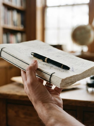 Close-up portrait of a hand holding a bound research brief, heavy paper, with a fountain pen resting on it, soft indirect north-facing daylight, muted ink and cream tones, shallow depth of field, 35mm film grain, quiet workspace architectural details in background