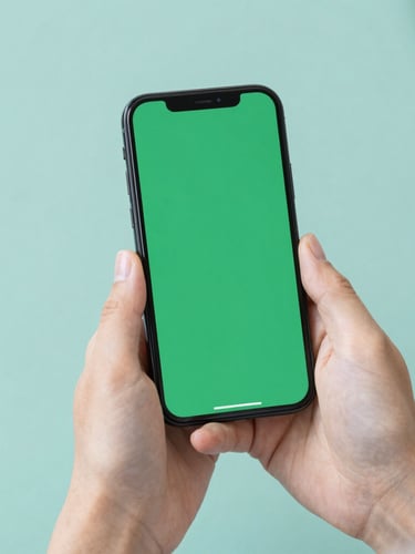 Hands holding a smartphone with secure green interface, soft teal background, clean editorial photography, natural daylight