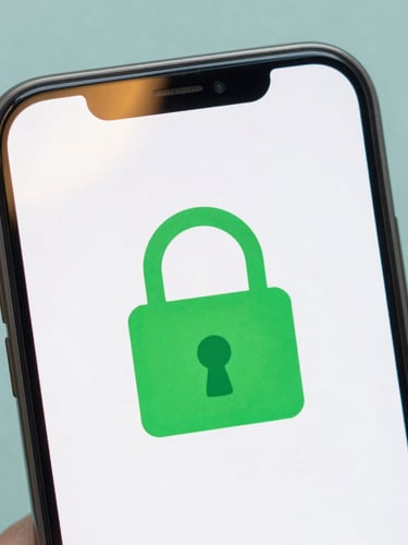 Medium close-up of a high-end smartphone screen displaying a secure green padlock icon, warm morning light reflecting on clean glass, soft teal background, professional editorial photography.