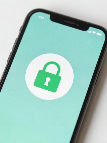 Close-up of a modern smartphone displaying a secure green lock icon on a clean teal interface, soft natural lighting