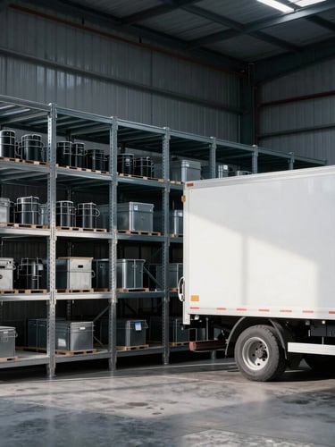 A clean, high-contrast industrial warehouse interior with organized steel racks and a docked cargo truck under sharp morning light, 35mm lens.