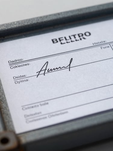 A close-up macro shot of a signed maritime bill of lading resting on a steel cargo container, cool overcast daylight, sharp focus, desaturated tones.