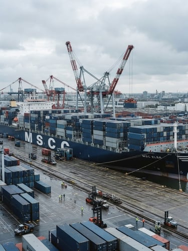 Wide-angle shot of a massive container ship docked at an industrial terminal under overcast morning light, steel blue shipping containers stacked symmetrically, 35mm lens.