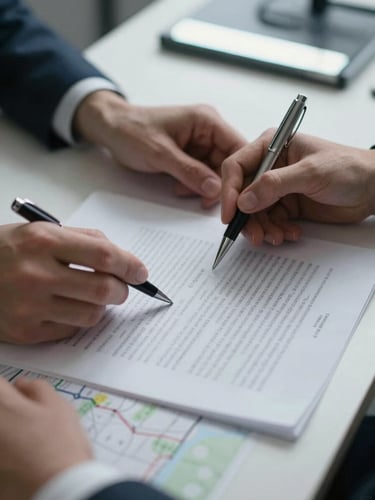 Close-up of two hands across a desk reviewing a formal contract document, pen resting on the page, a logistics route map visible underneath the papers, cool office fluorescent light, no faces shown