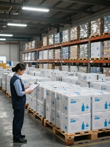 Wide environmental shot of a logistics distribution hub interior, cool fluorescent overhead lighting, pallets of medical supply crates arranged in orderly rows, a procurement officer reviewing a clipboard manifest in the foreground left, deep facility depth visible behind