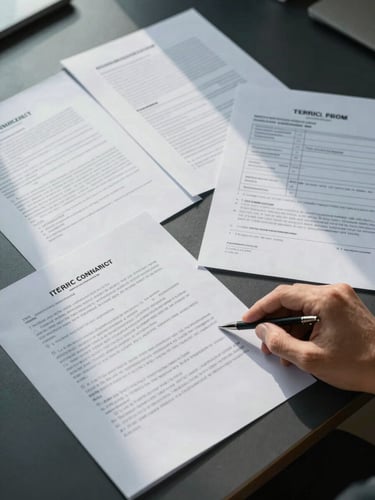 Overhead flat-lay of tender documents, contract pages, and supply manifests spread across a dark desk surface, cool north-facing office daylight, papers slightly overlapping, a hand resting at the lower-right corner reviewing a clause