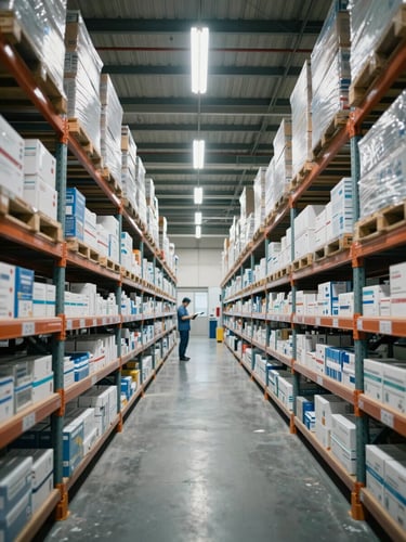 Wide environmental shot of a large distribution hub interior, cool fluorescent overhead lighting, rows of shelving with medical supply boxes visible, a worker in the far distance consulting a clipboard, high ceiling with industrial beams
