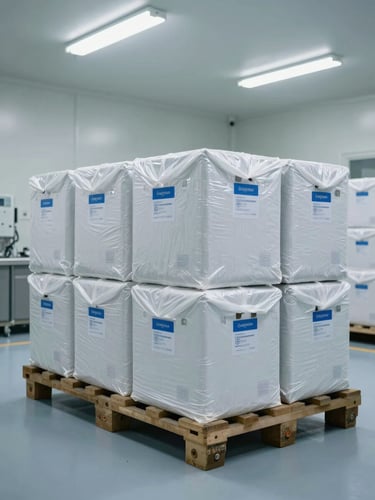 Wide environmental shot of a temperature-controlled pharmaceutical logistics bay, sealed medical supply crates on a steel pallet awaiting dispatch, fluorescent overhead lighting, clean clinical floor visible, no people