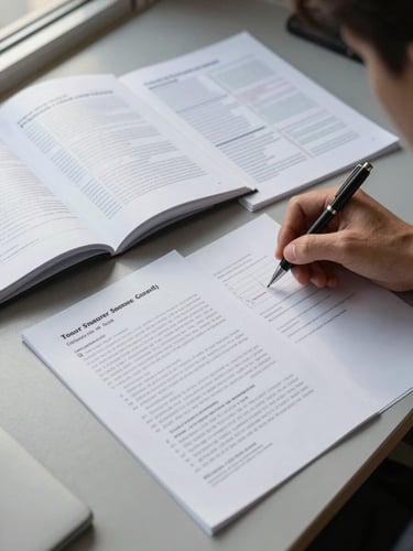 Overhead flat-lay of open tender documents and supply manifests spread across a grey desk, a hand holding a pen annotating a clause, cool north-facing daylight from the left, sharp paper texture visible