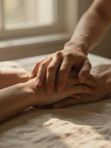 Close-up somatic detail of two hands resting gently together on a soft linen surface, warm diffused window light, low contrast.