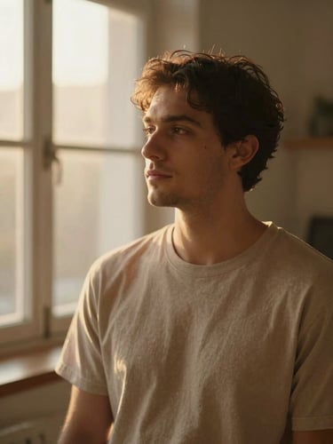 Warm environmental portrait of Adrian in a softly lit room with golden-hour window light, looking calm and supportive, shallow depth of field.