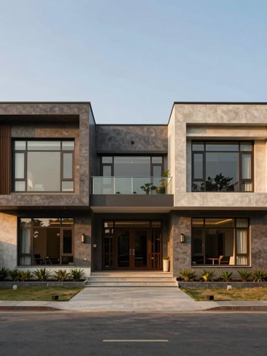 Symmetrical wide-angle architectural shot of a completed luxury modern villa exterior in India during golden hour, rich concrete and glass details.