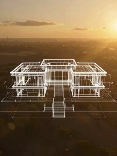 Symmetrical architectural blueprint of a modern luxury villa foundation, crisp white lines on a rich warm golden-hour background, sharp detail