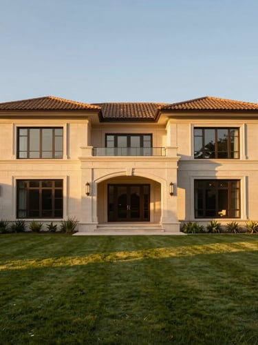 Warm golden-hour architectural photography of a completed luxury villa exterior, sharp symmetrical lines, manicured lawn, wide-angle lens