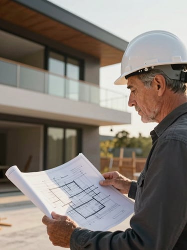Close-up of a senior structural engineer in a white hardhat reviewing architectural blueprints on a modern luxury villa construction site, sharp focus, natural light.