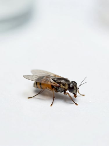 Macro clinical photograph of a flea on a clean sterilized surface, bright high-key lighting, sharp focus, scientific tone