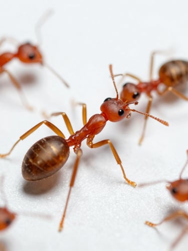 Macro clinical photograph of red ants on a sterile white laboratory surface, bright high-key lighting, sharp depth of field, scientific tone
