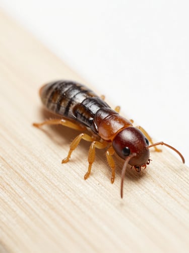 Macro clinical photograph of subterranean termites on a clean wood specimen, bright high-key lighting, sharp focus, scientific tone
