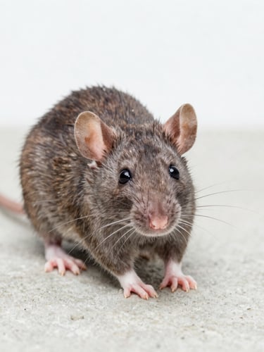 Macro clinical photograph of a brown rat in a clean concrete environment, bright high-key lighting, sharp details, scientific tone