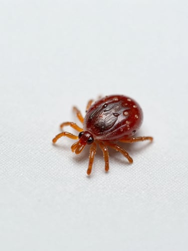Macro clinical photograph of a tick on a clean light fabric surface, bright high-key lighting, sharp details, scientific tone