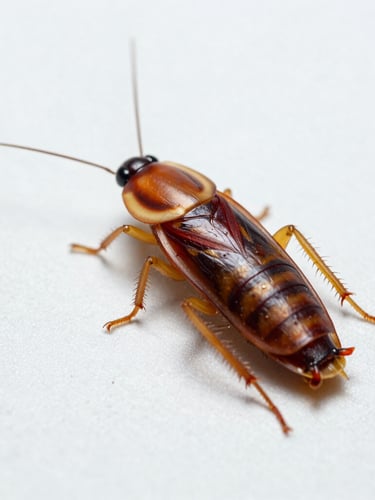 Macro clinical photograph of an American cockroach on a sterile light tile, bright high-key lighting, sharp depth of field, scientific tone