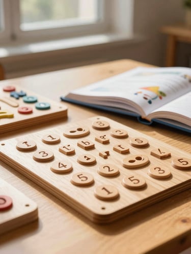 Close-up of tactile wooden teaching materials and open children books on a solid oak table, warm natural sunlight streaming in from a classroom window.