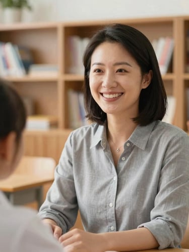 A warm, natural light portrait of a smiling primary school teacher in a classroom, wooden bookshelves softly blurred in the background, over-the-shoulder framing.