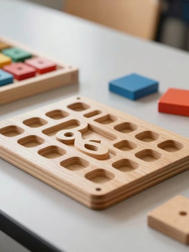Close-up of tactile wooden teaching materials and colorful counting blocks on a clean classroom table, soft warm light