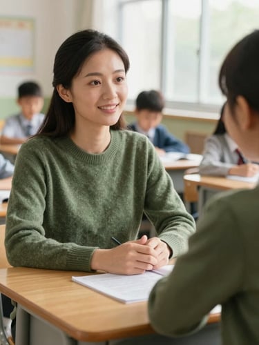 Over-the-shoulder shot of a primary school teacher in a warm green sweater sitting at a wooden desk with children, soft natural window light, classroom background