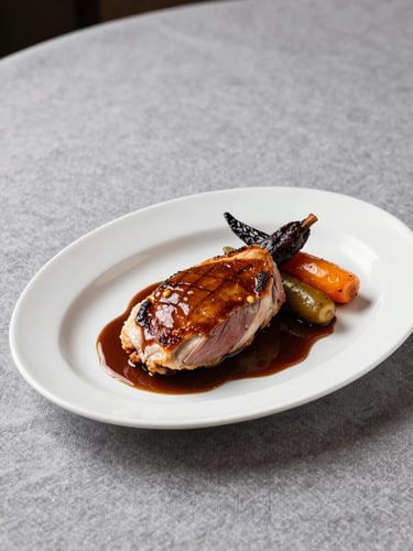 Three-quarter angle view of a plated main course — pan-roasted duck breast with roasted root vegetables and a dark jus reduction, white oval plate on a grey linen tablecloth, even daylit interior, no garnish excess, precise plating