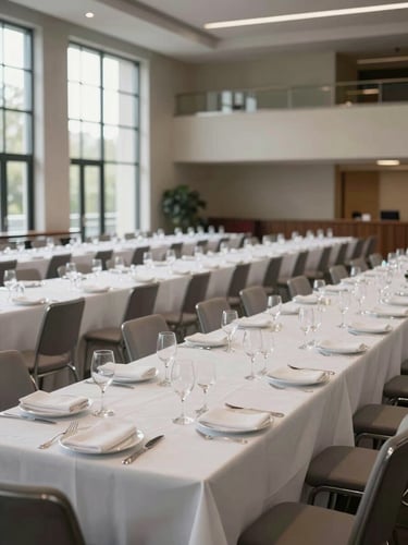 Wide shot from the back of a large banquet hall pre-service, rows of precisely laid tables with white linen, glassware, and folded napkins, daylit through tall windows on the left, empty and still, no people, architectural documentation of a room ready for guests