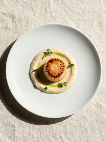 Overhead close study of a single plated starter — seared scallop on celeriac purée with micro herbs, white ceramic plate on a pale linen surface, controlled north-facing daylight, no shadows, architectural composition