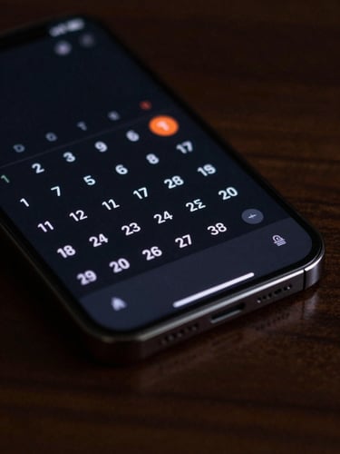 Extreme close-up of a modern Android phone screen displaying a clean, dark-mode calendar widget, soft screen glow reflecting on a dark wooden desk, moody ambient lighting, 50mm